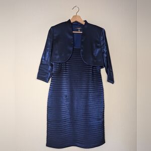 R&M Richards Blue Pleated Sheath Dress 3/4 Sleeve